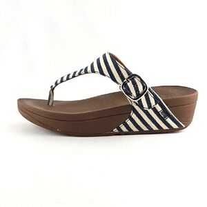 FitFlop Women's Skinny Thong Sandal Blue White Striped Canvas Wedge Sandal 36